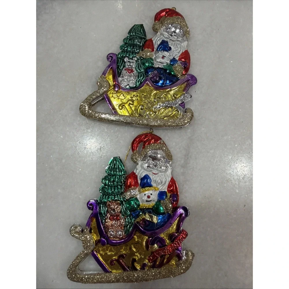 Set‎ Of 2 Vintage Santa/sleigh Sparkle Ornaments